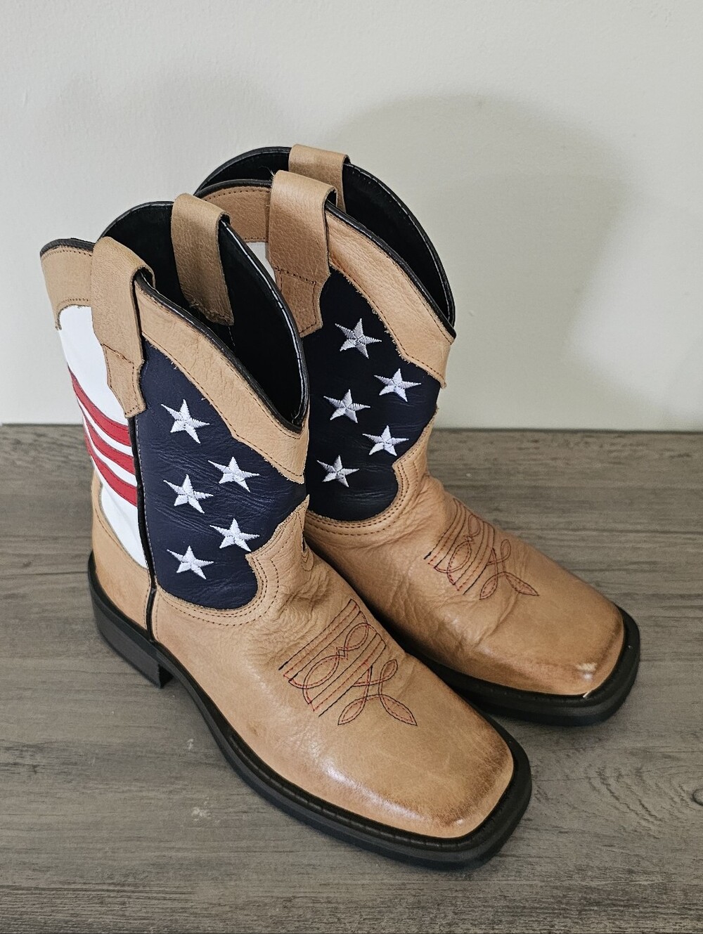 J.B. Dillon Kids Tan Cowboy Boots with American Flag Shaft Girl Boy Size 1